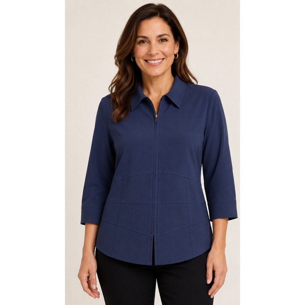 Vintage Kathy Che Zip Front blouse Navy Blue 3/4 Sleeve UPF Top